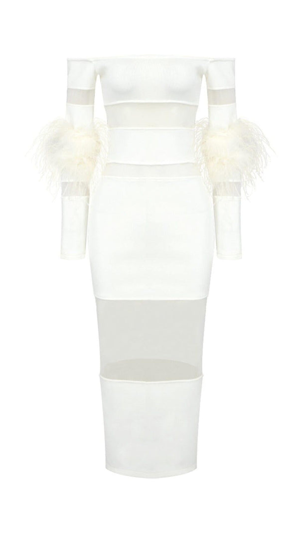AIIZIE BANDAGE OFF-SHOULDER FEATHER MIDI DRESS IN WHITE - product image