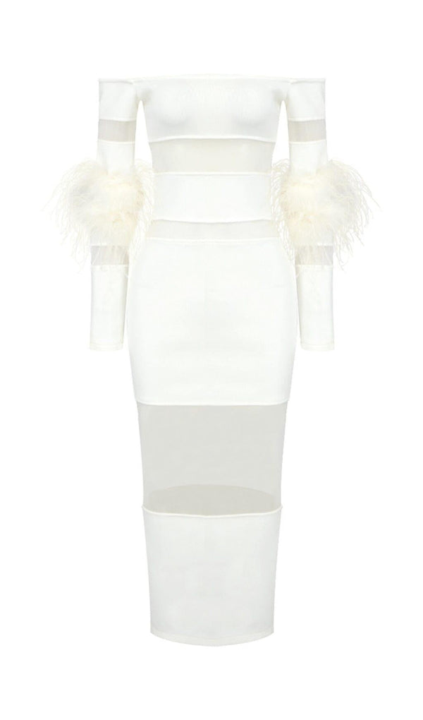 BANDAGE OFF-SHOULDER FEATHER MIDI DRESS IN WHITE