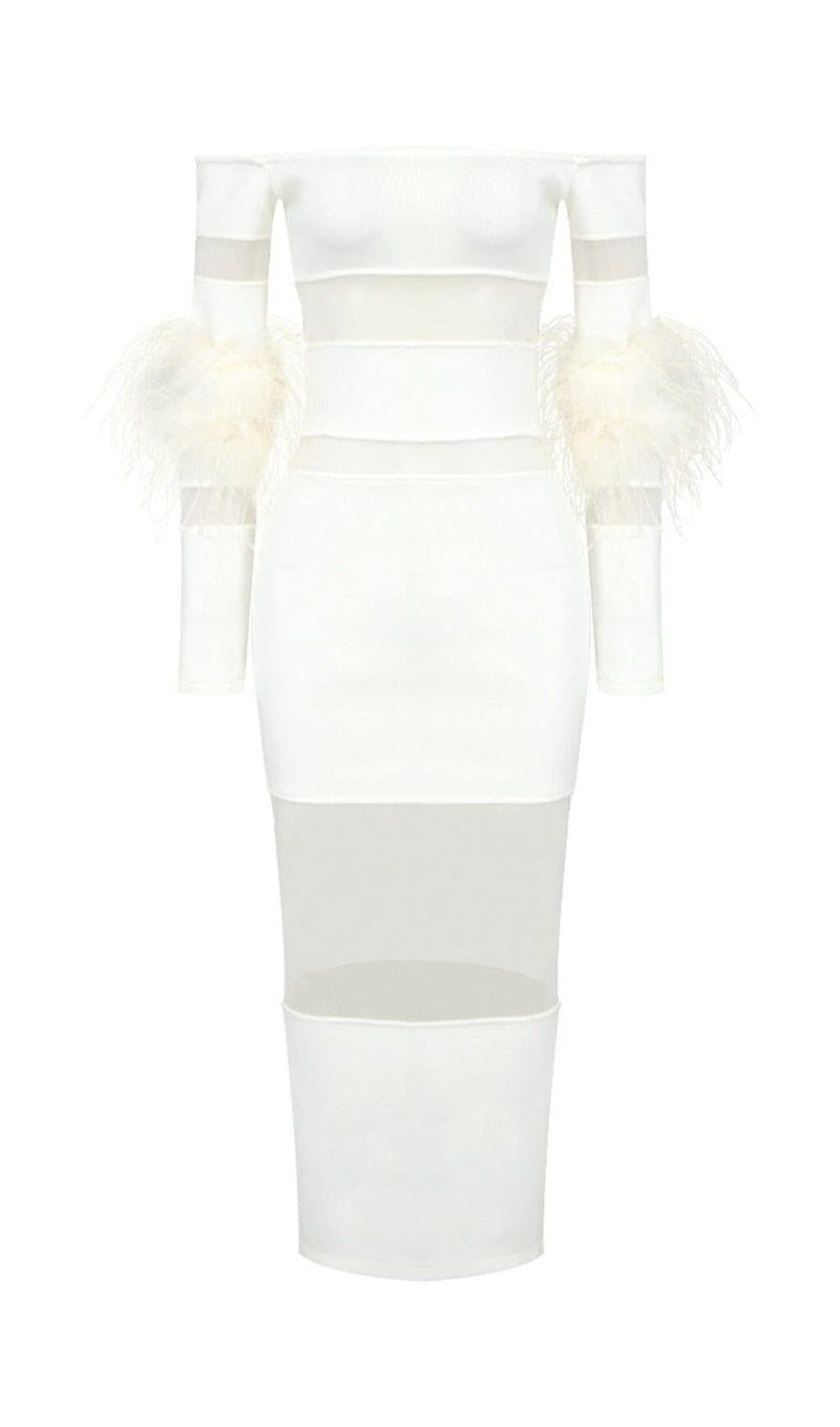 BANDAGE OFF-SHOULDER FEATHER MIDI DRESS IN WHITE