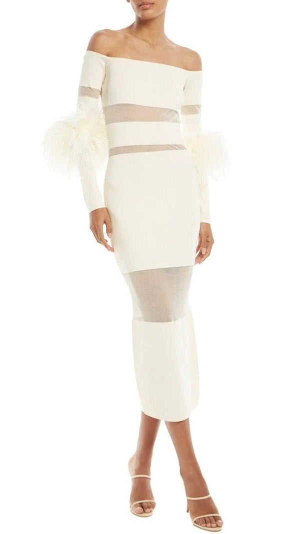 AIIZIE BANDAGE OFF-SHOULDER FEATHER MIDI DRESS IN WHITE - product image