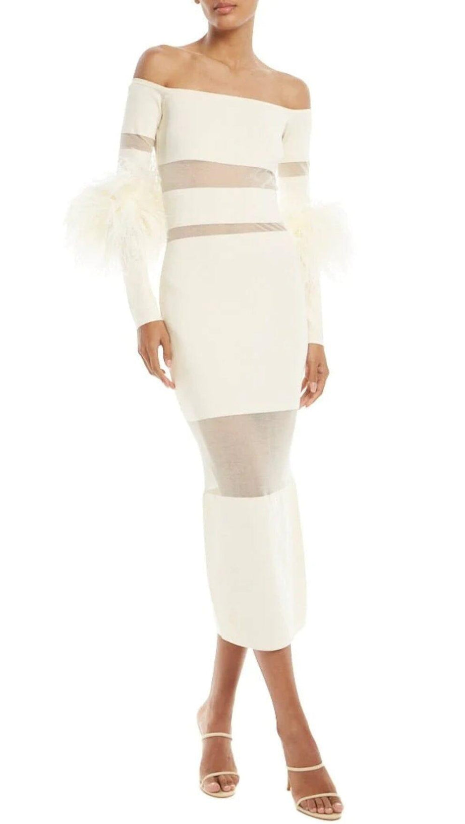 BANDAGE OFF-SHOULDER FEATHER MIDI DRESS IN WHITE
