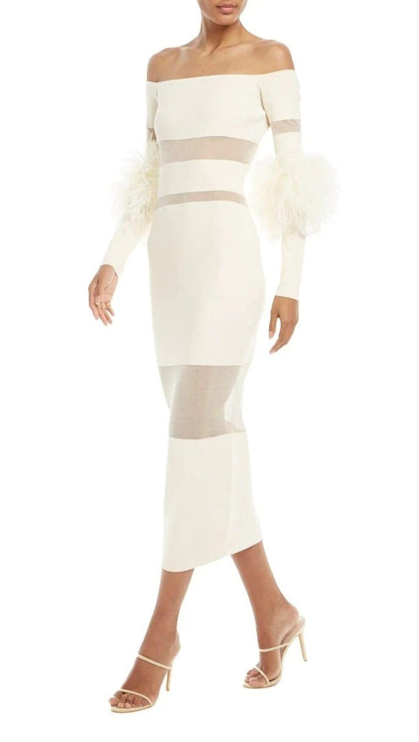 AIIZIE BANDAGE OFF-SHOULDER FEATHER MIDI DRESS IN WHITE - product image