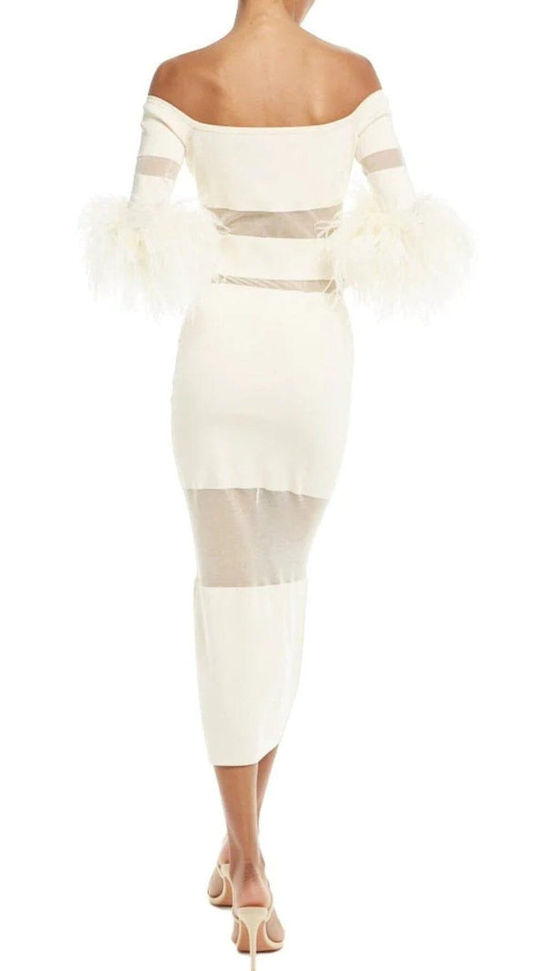 AIIZIE BANDAGE OFF-SHOULDER FEATHER MIDI DRESS IN WHITE - product image