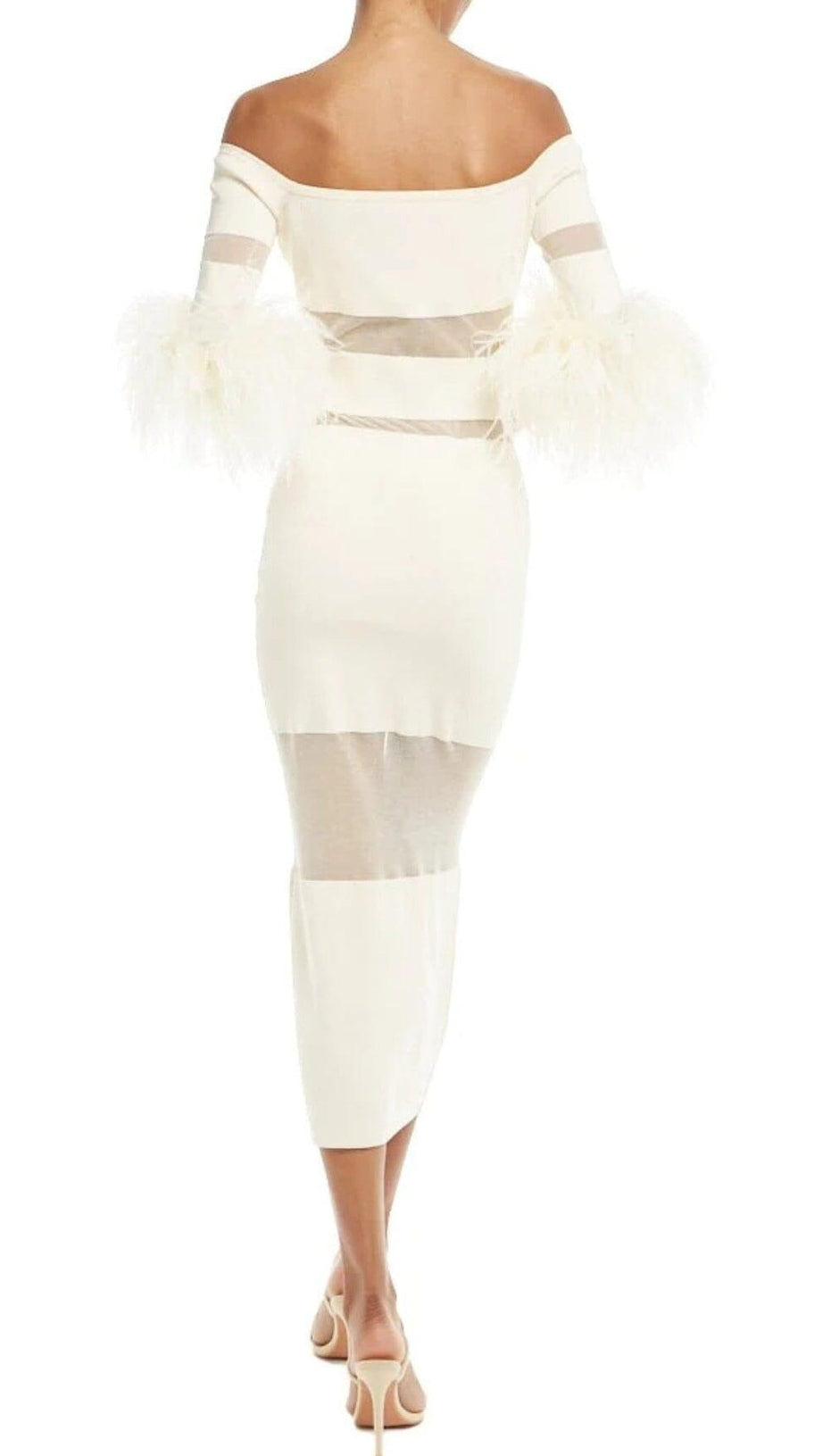 BANDAGE OFF-SHOULDER FEATHER MIDI DRESS IN WHITE