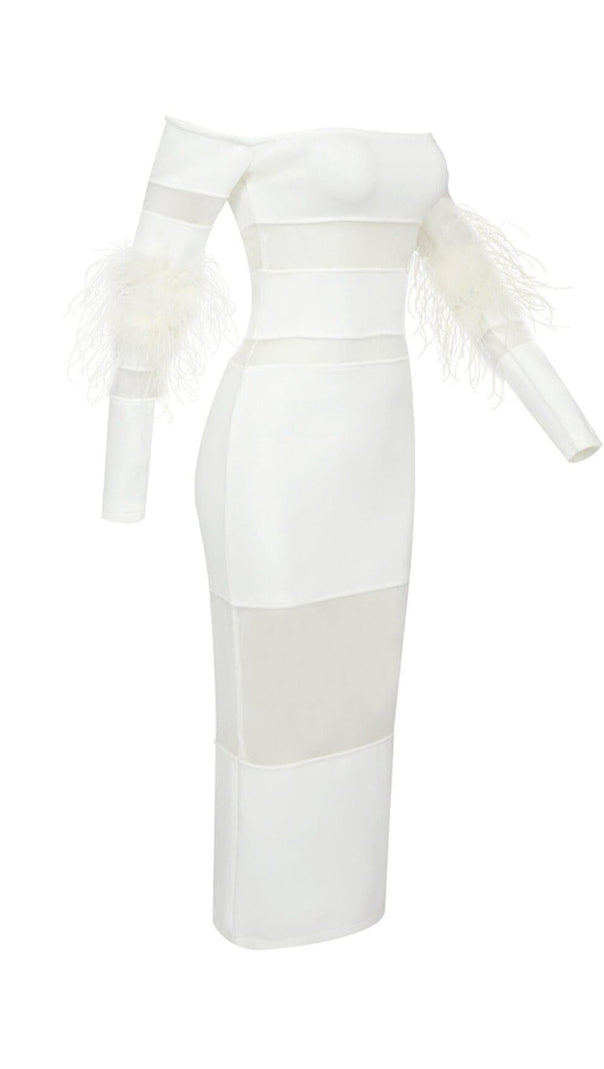 AIIZIE BANDAGE OFF-SHOULDER FEATHER MIDI DRESS IN WHITE - product image
