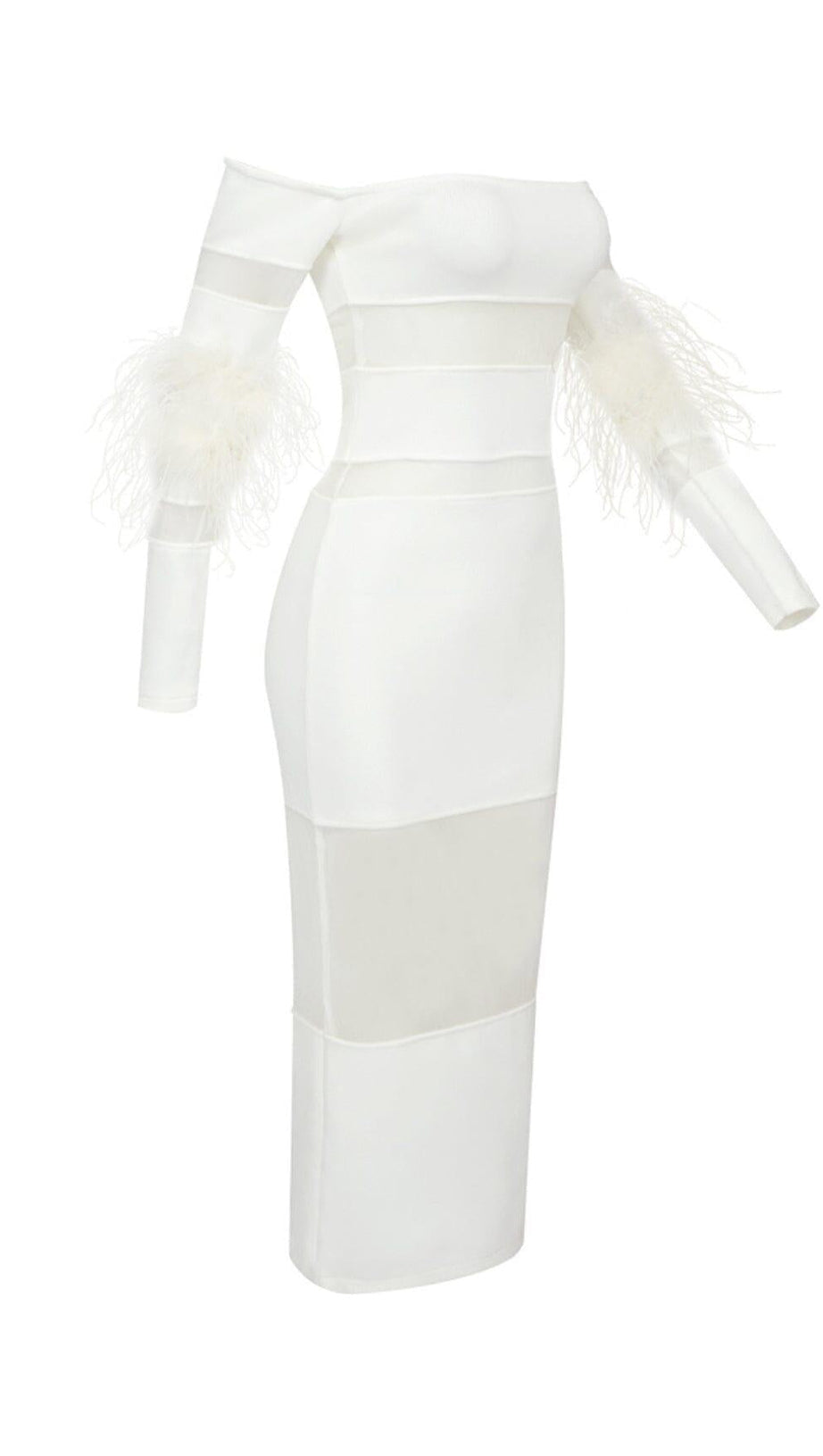 BANDAGE OFF-SHOULDER FEATHER MIDI DRESS IN WHITE