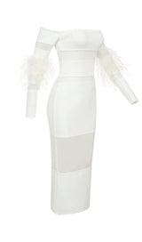 BANDAGE OFF-SHOULDER FEATHER MIDI DRESS IN WHITE