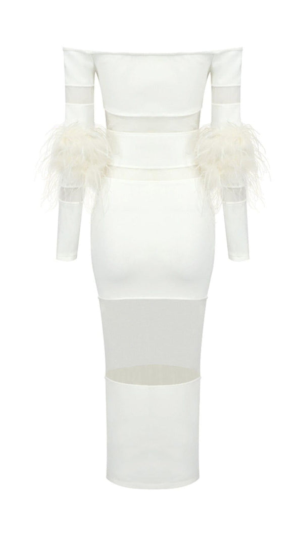 AIIZIE BANDAGE OFF-SHOULDER FEATHER MIDI DRESS IN WHITE - product image