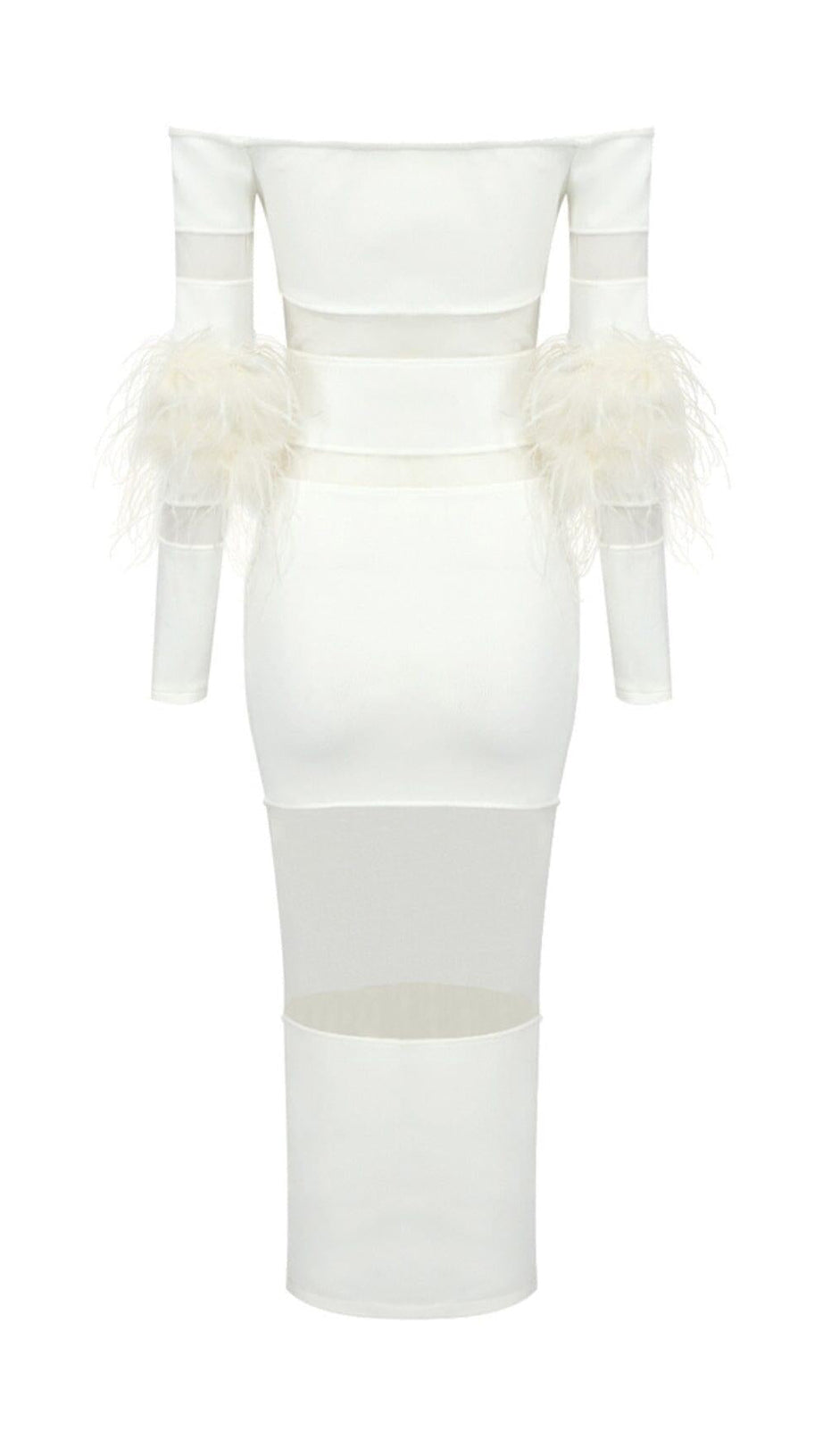 BANDAGE OFF-SHOULDER FEATHER MIDI DRESS IN WHITE