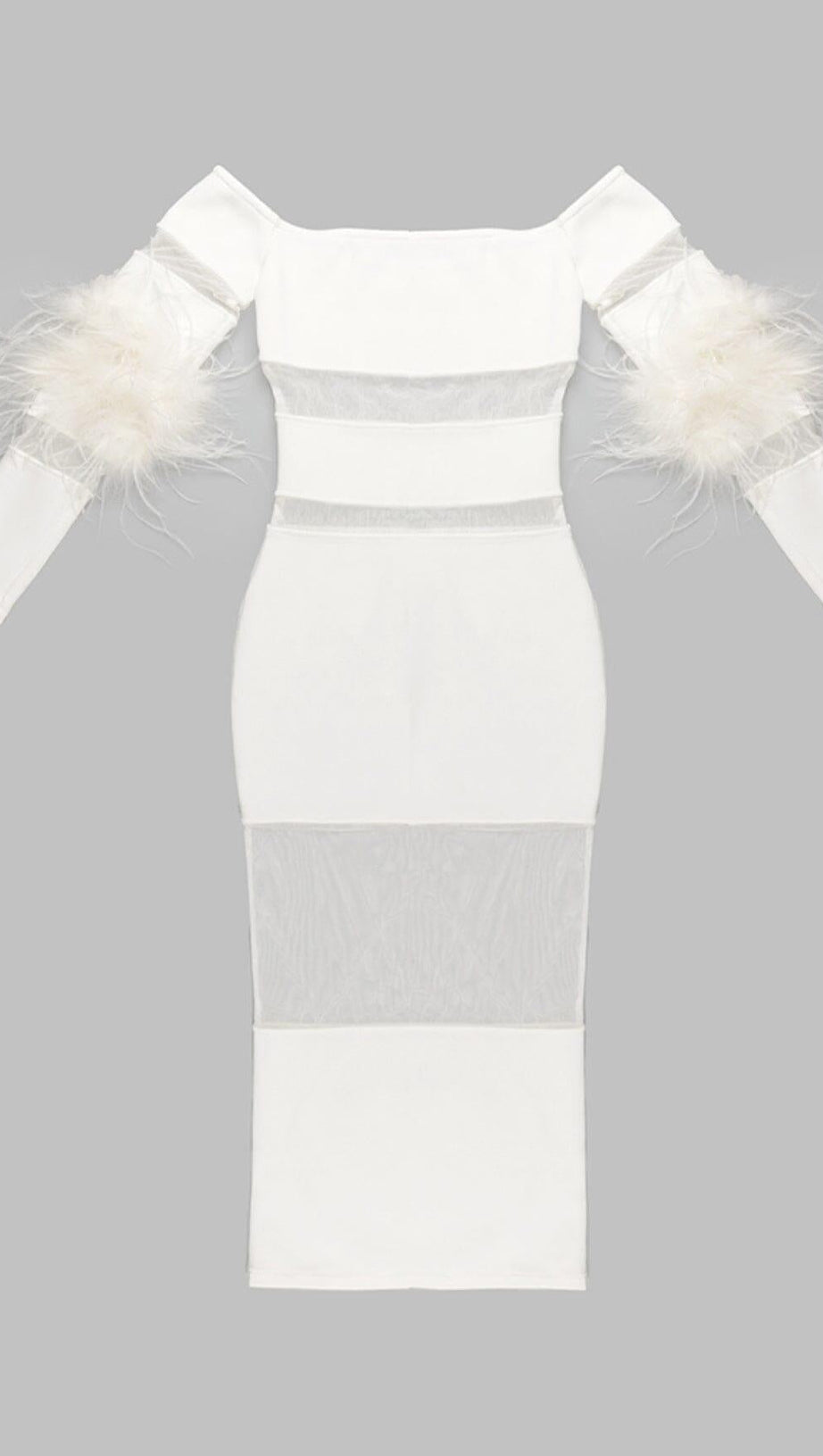 BANDAGE OFF-SHOULDER FEATHER MIDI DRESS IN WHITE