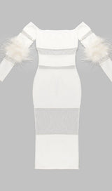 BANDAGE OFF-SHOULDER FEATHER MIDI DRESS IN WHITE