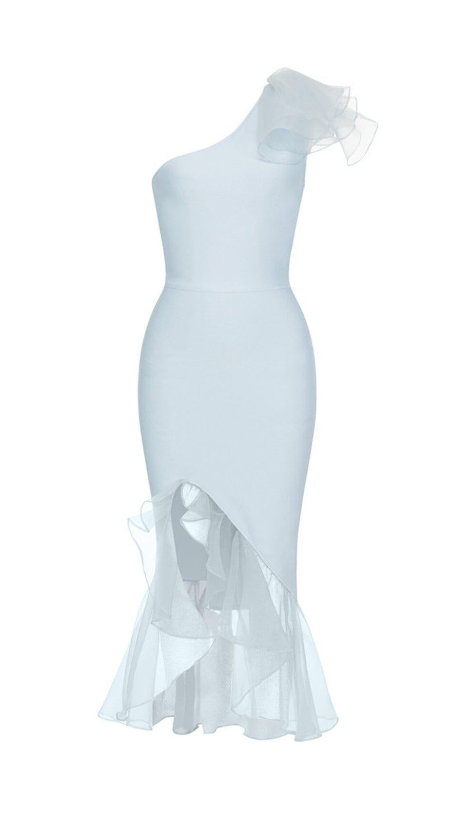 BANDAGE ONE-SHOULDER MIDI DRESS IN LIGHT BLUE