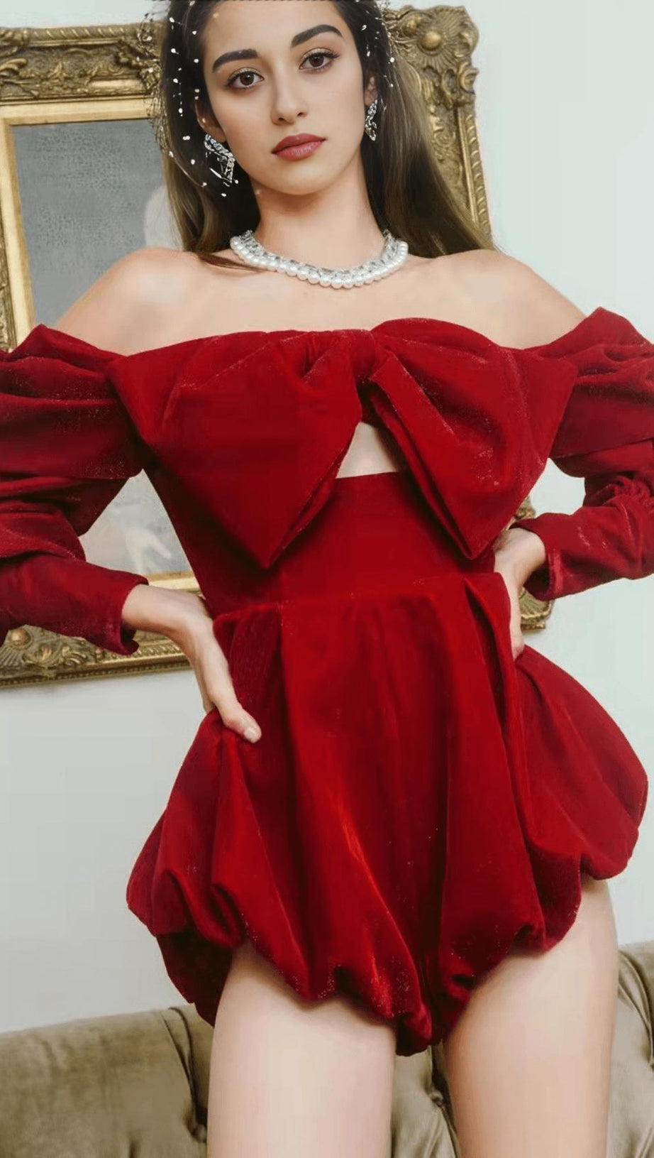 VELVET STRAPLESS MINI DRESS IN RED