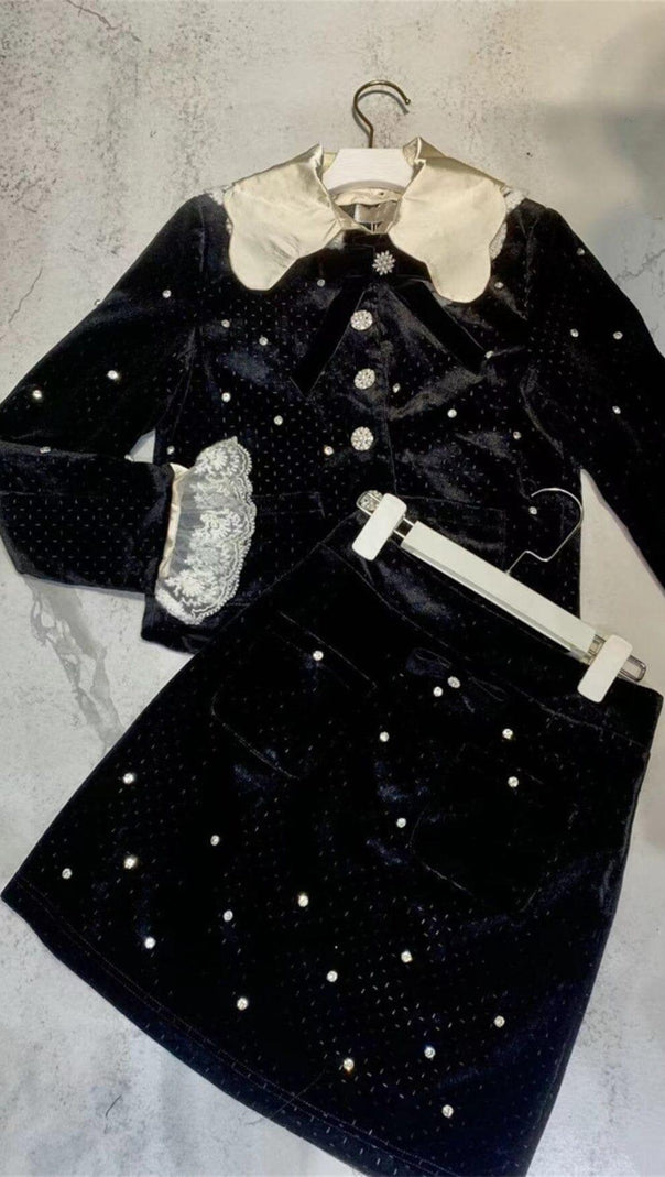 AIIZIE STARRY VELVET RHINESTONE LACE TRUMPET SLEEVE SHORT COAT & SKIRT SUIT - product image