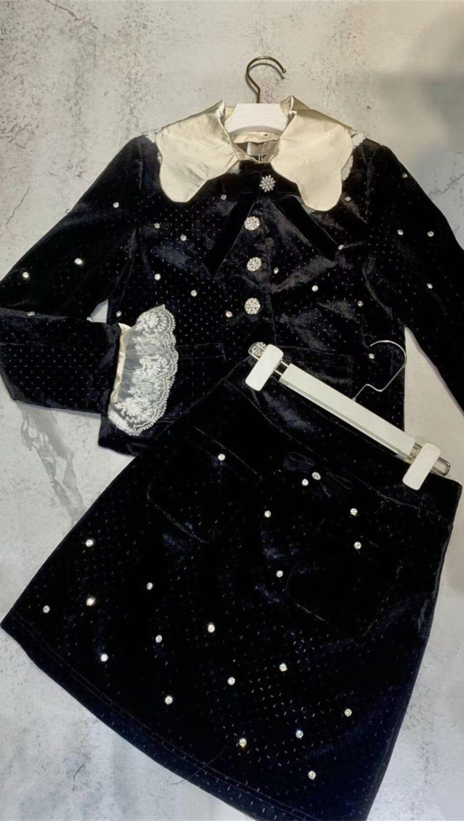 STARRY VELVET RHINESTONE LACE TRUMPET SLEEVE SHORT COAT & SKIRT SUIT