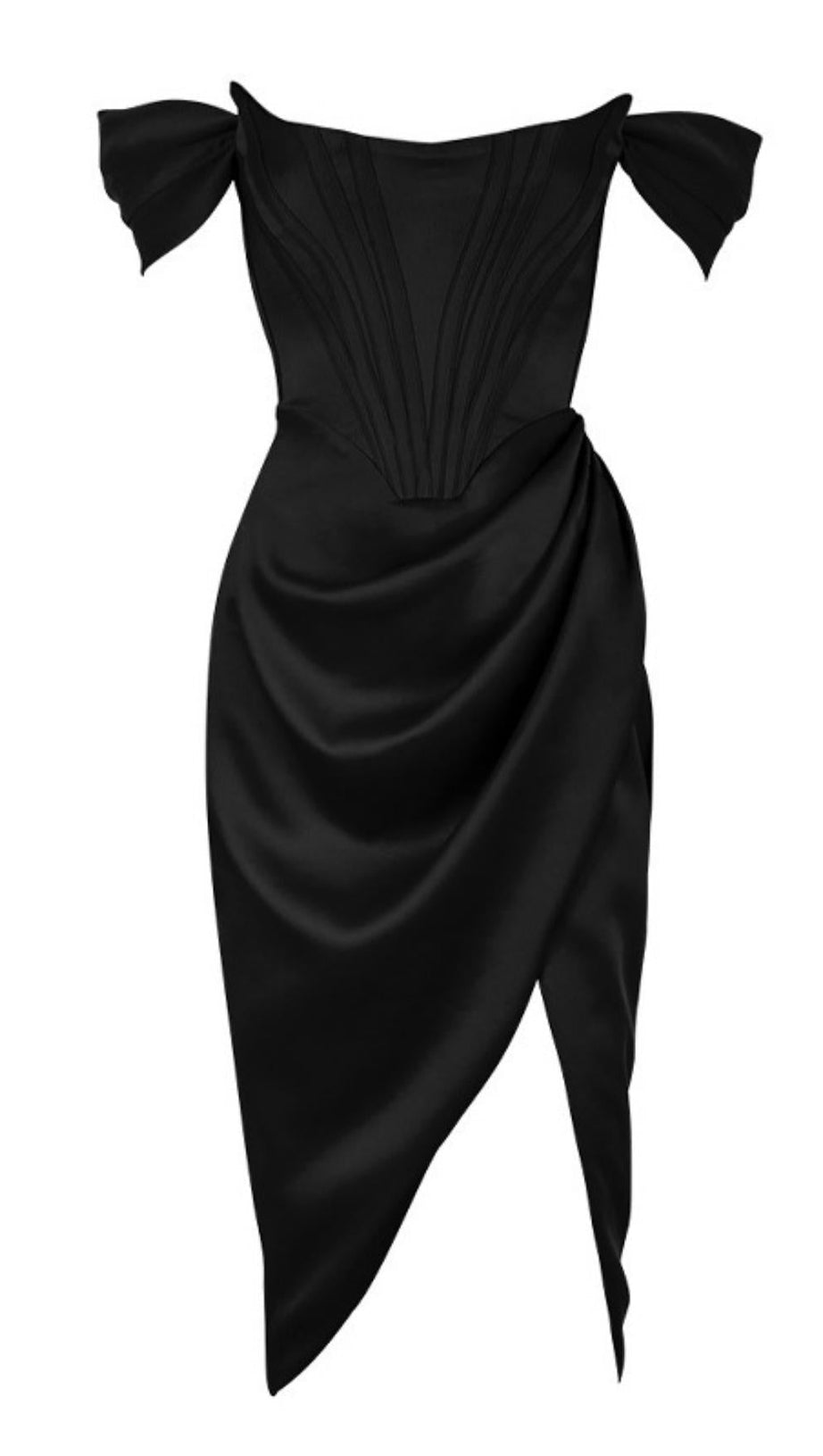 SATIN OFF SHOULDER MIDI DRESS IN BLACK