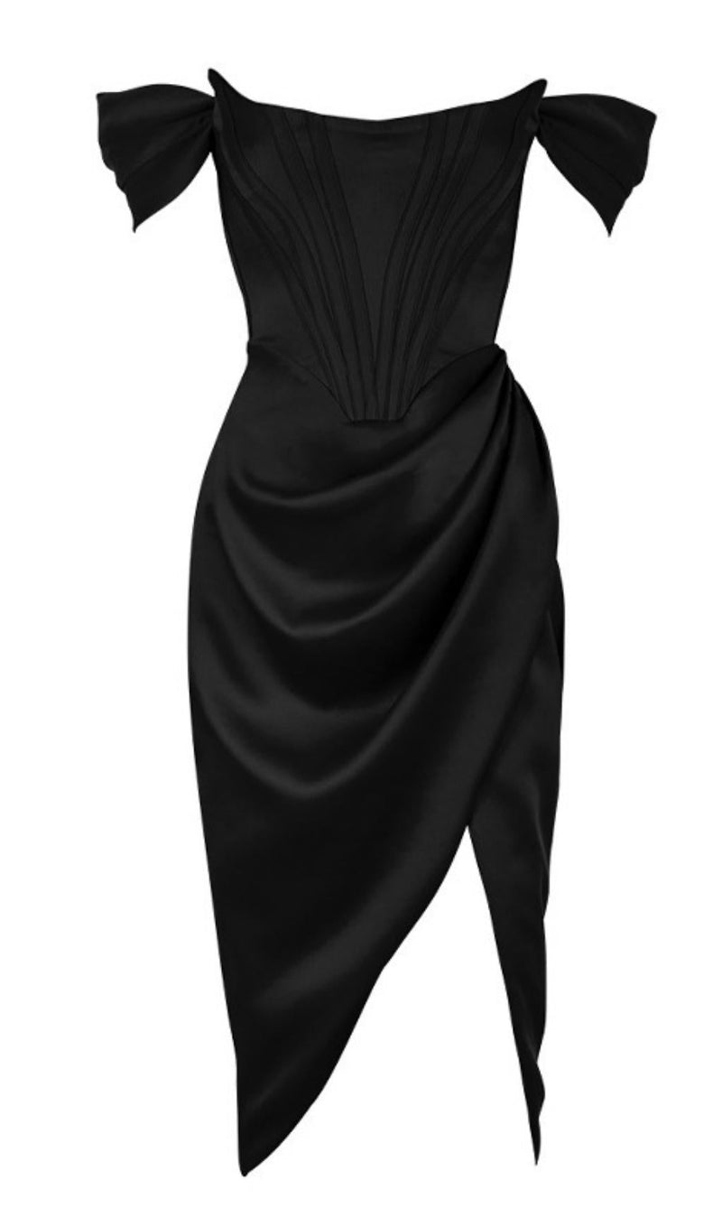 SATIN OFF SHOULDER MIDI DRESS IN BLACK