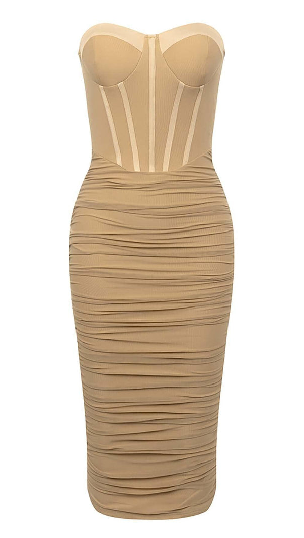 AIIZIE BANDEAU RUCHED CORSET MIDI DRESS IN BROWN - product image