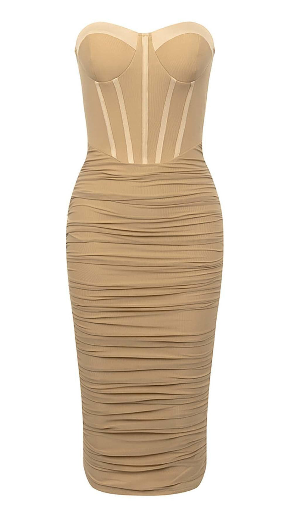 BANDEAU RUCHED CORSET MIDI DRESS IN BROWN