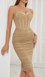 BANDEAU RUCHED CORSET MIDI DRESS IN BROWN