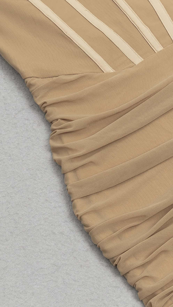 AIIZIE BANDEAU RUCHED CORSET MIDI DRESS IN BROWN - product image