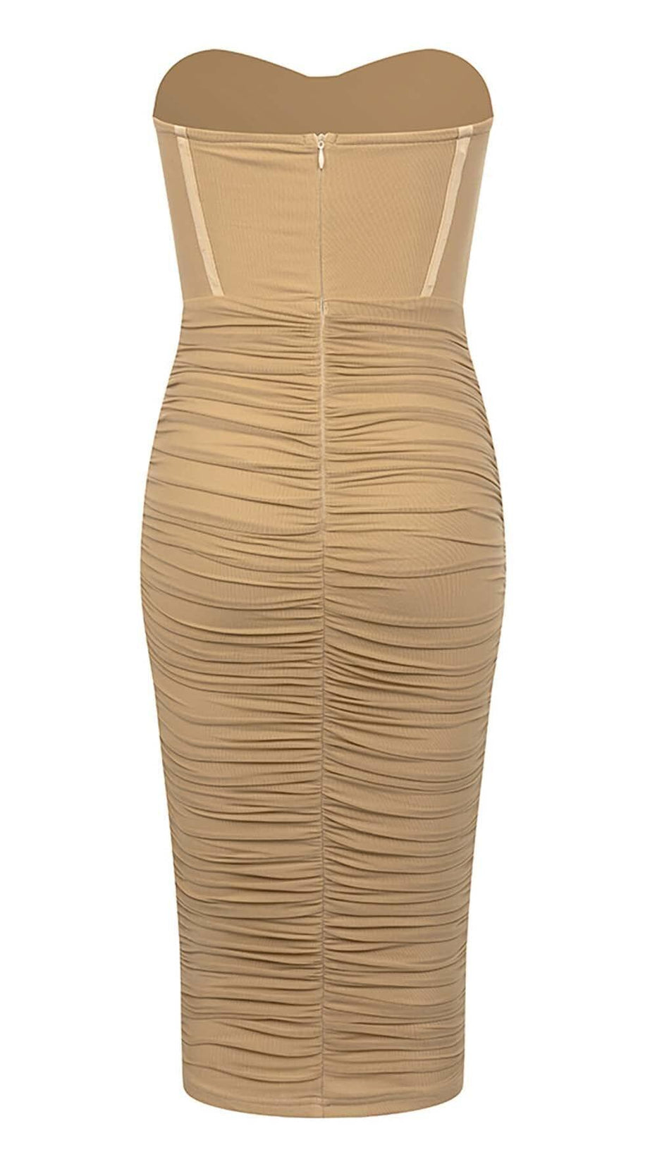 BANDEAU RUCHED CORSET MIDI DRESS IN BROWN
