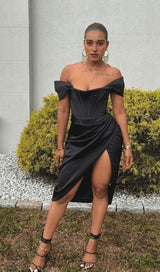 SATIN OFF SHOULDER MIDI DRESS IN BLACK