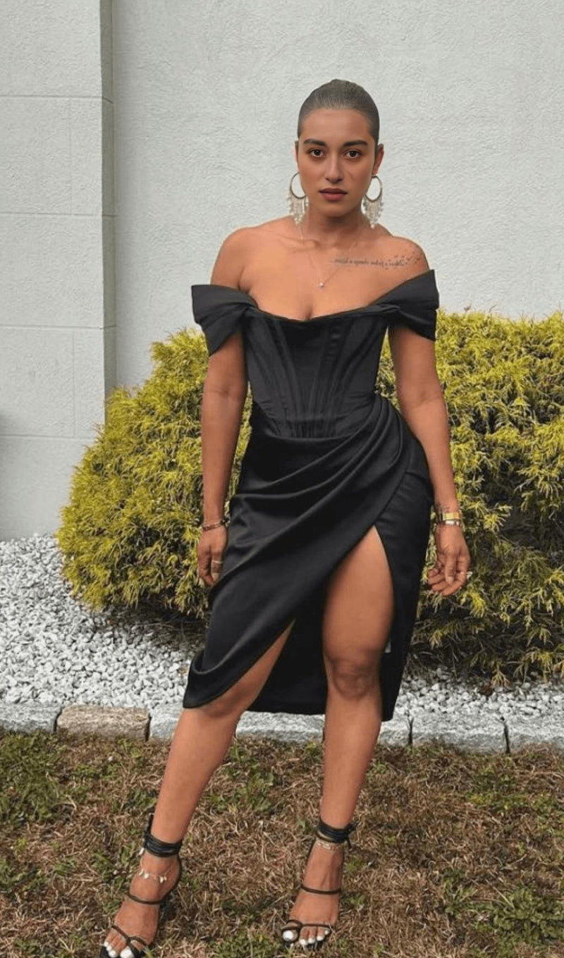 SATIN OFF SHOULDER MIDI DRESS IN BLACK