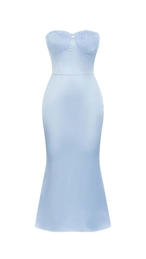 AIIZIE BANDEAU SATIN SLIT MIDI DRESS IN SKY BLUE - product image
