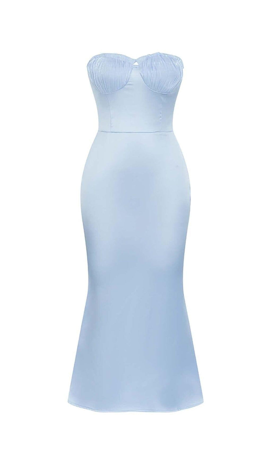 BANDEAU SATIN SLIT MIDI DRESS IN SKY BLUE