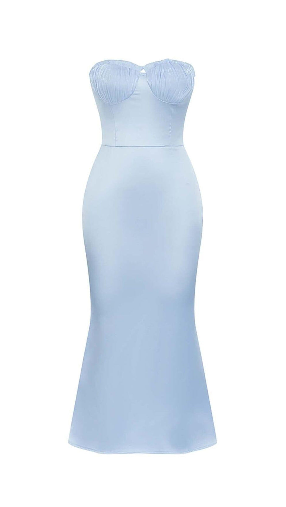 BANDEAU SATIN SLIT MIDI DRESS IN SKY BLUE