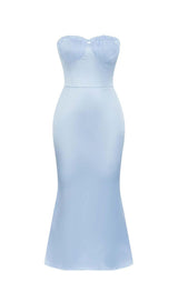 BANDEAU SATIN SLIT MIDI DRESS IN SKY BLUE