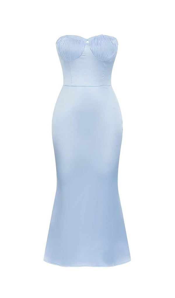 BANDEAU SATIN SLIT MIDI DRESS IN SKY BLUE