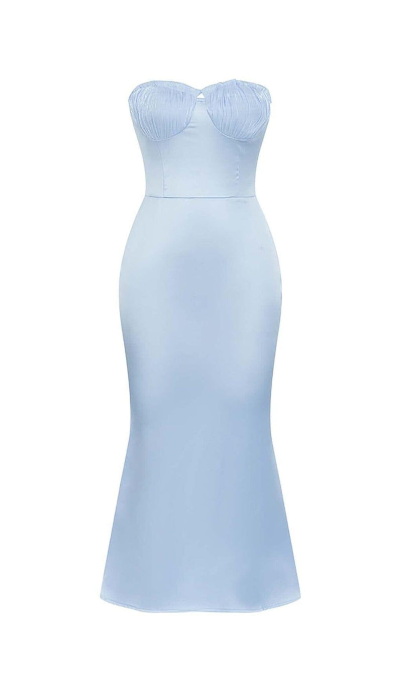 BANDEAU SATIN SLIT MIDI DRESS IN SKY BLUE