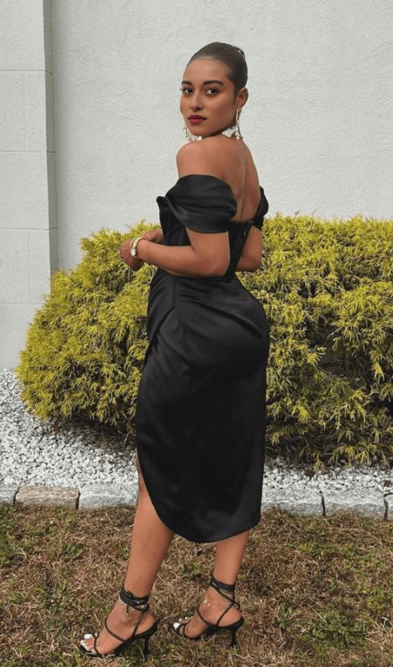 SATIN OFF SHOULDER MIDI DRESS IN BLACK