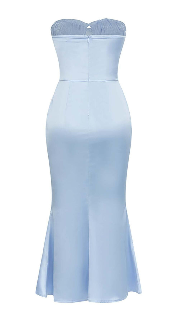 AIIZIE BANDEAU SATIN SLIT MIDI DRESS IN SKY BLUE - product image