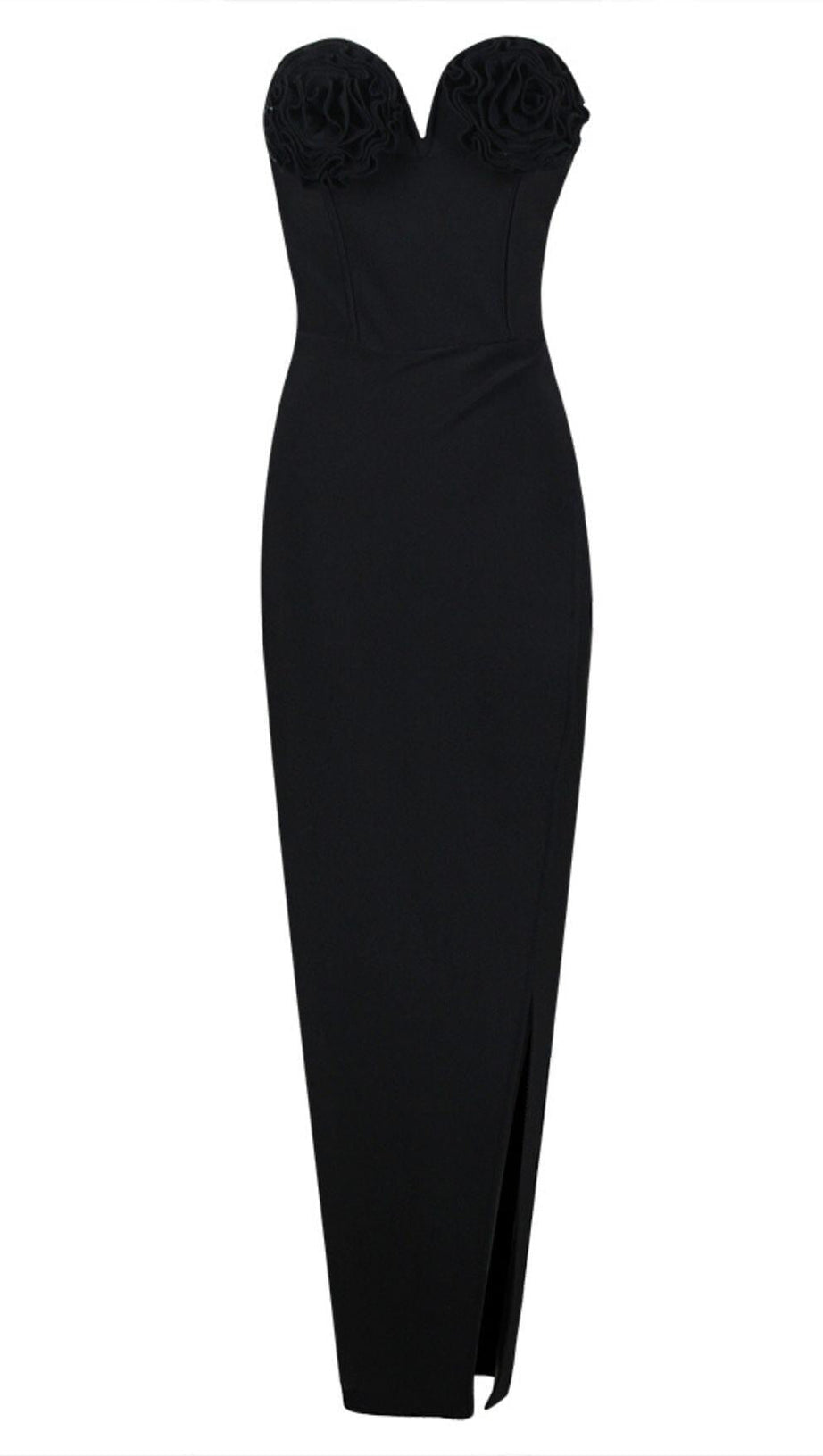 BANDEAU THIGH SLIT MIDI DRESS IN BLACK