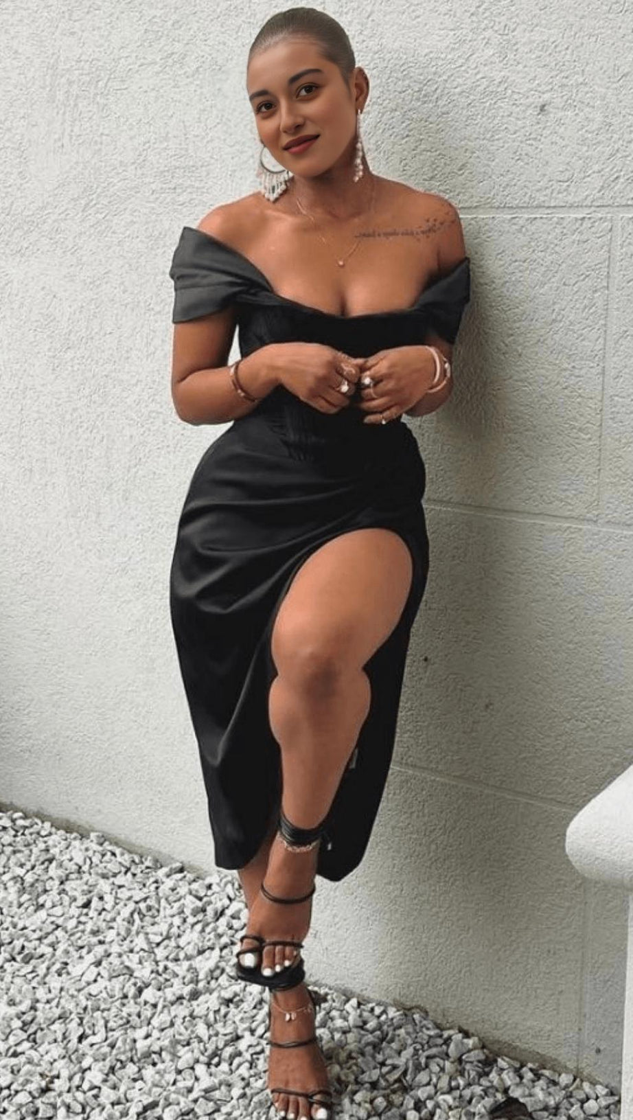 SATIN OFF SHOULDER MIDI DRESS IN BLACK
