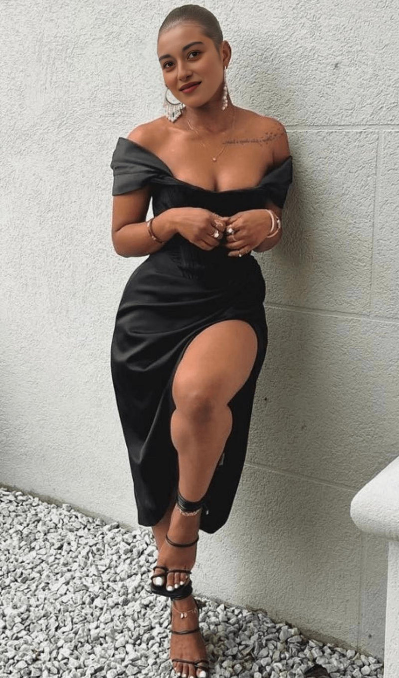 SATIN OFF SHOULDER MIDI DRESS IN BLACK