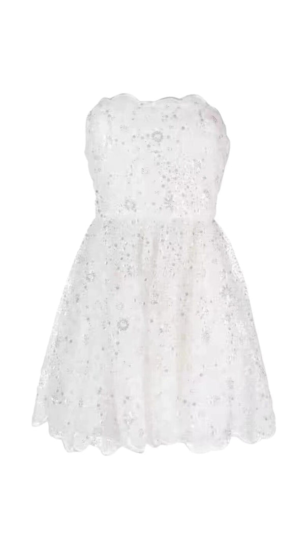 MINI ABITO A FASCIA CON PERLINE E PAILLETTES BIANCO