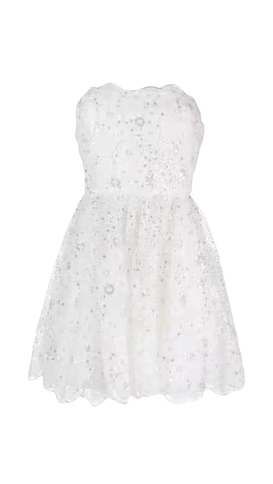 BEADED SEQUIN BANDEAU MINI DRESS IN WHITE