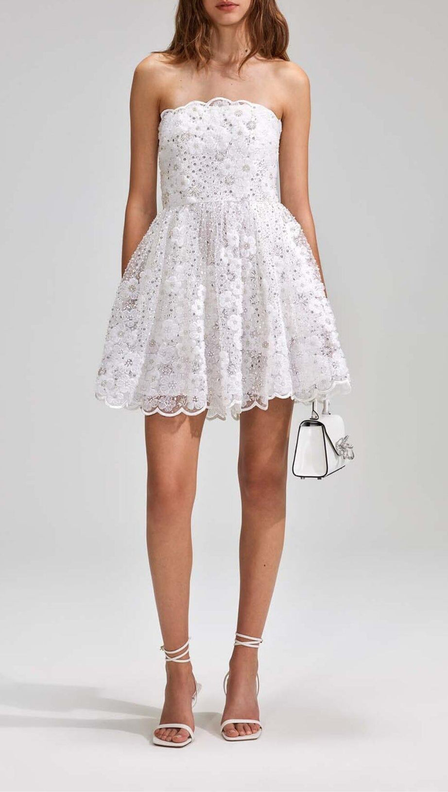 BEADED SEQUIN BANDEAU MINI DRESS IN WHITE