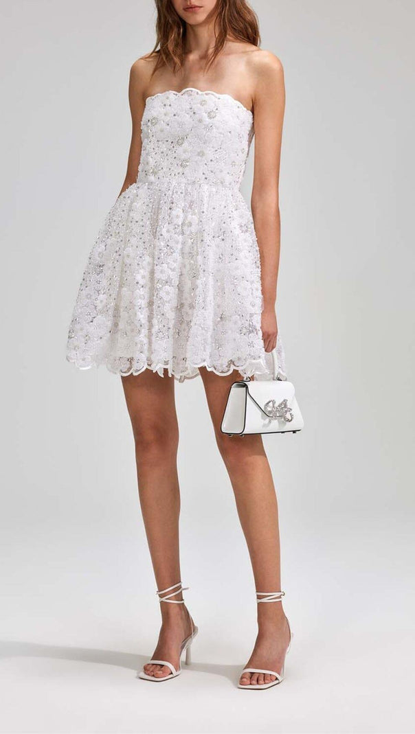 MINI ABITO A FASCIA CON PERLINE E PAILLETTES BIANCO