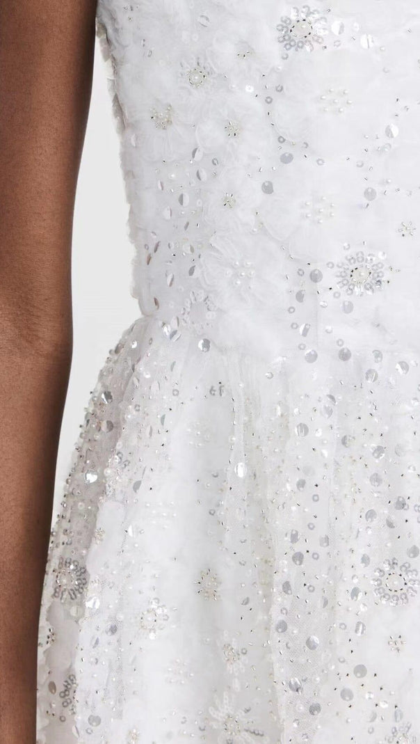 MINI ABITO A FASCIA CON PERLINE E PAILLETTES BIANCO