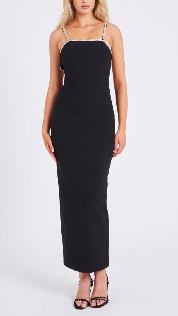 AIIZIE BLACK CRYSTAL STRAPS BACKLESS GOWN WITH BOW - product image