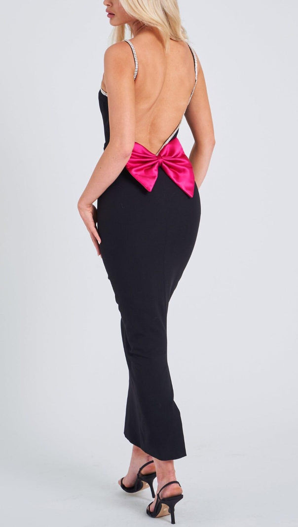 AIIZIE BLACK CRYSTAL STRAPS BACKLESS GOWN WITH BOW - product image