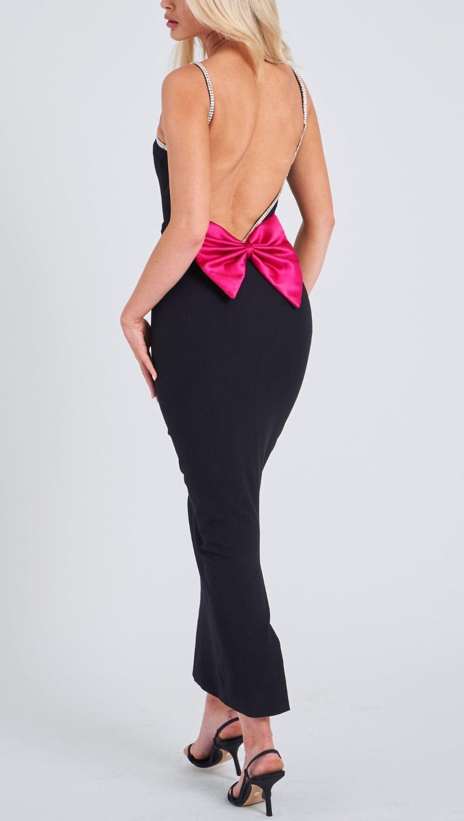 BLACK CRYSTAL STRAPS BACKLESS GOWN WITH BOW