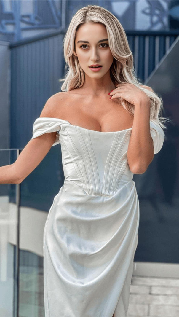 AIIZIE SATIN CORSET MIDI DRESS IN WHITE - product image