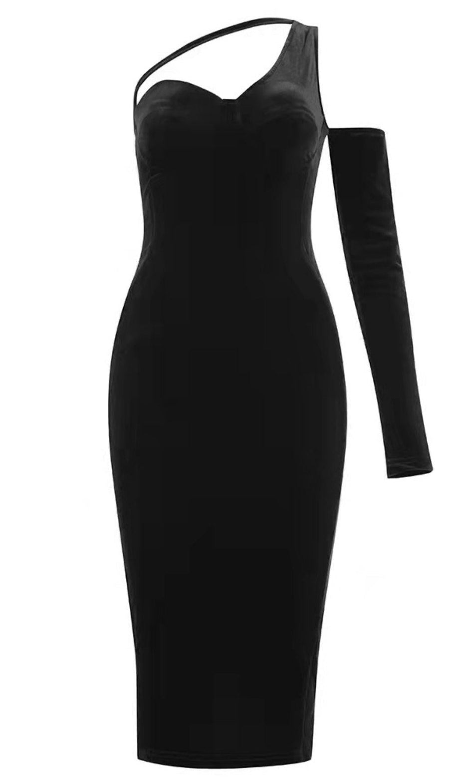 ABITO MIDI IN VELLUTO NERO MONOSPALLA