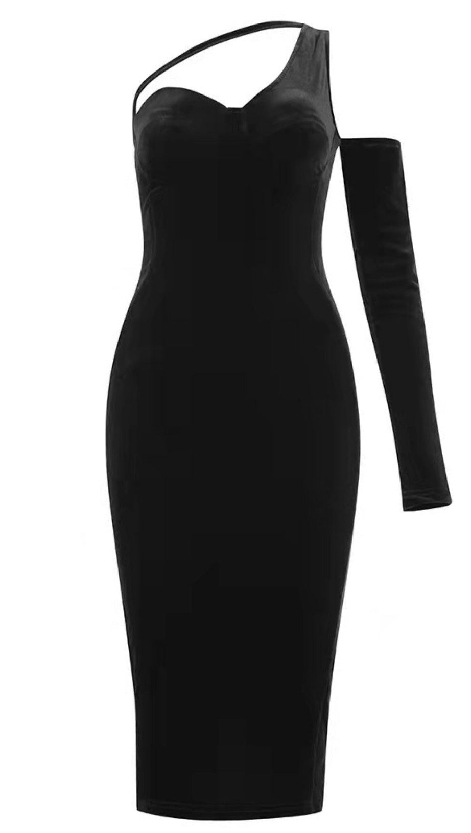 BLACK ONE SHOULDER VELVET MIDI DRESS